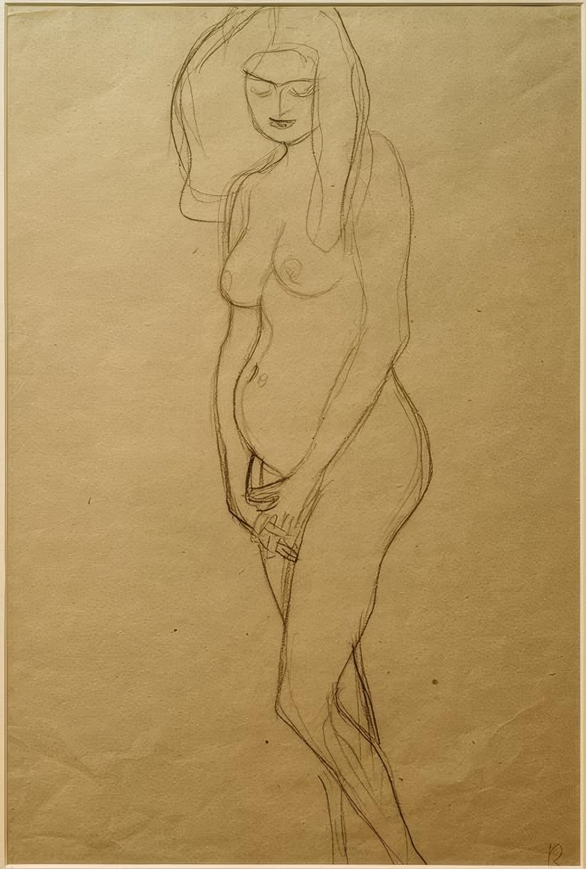 Stående naken gravid kvinna till vänster, händerna... av Gustav Klimt