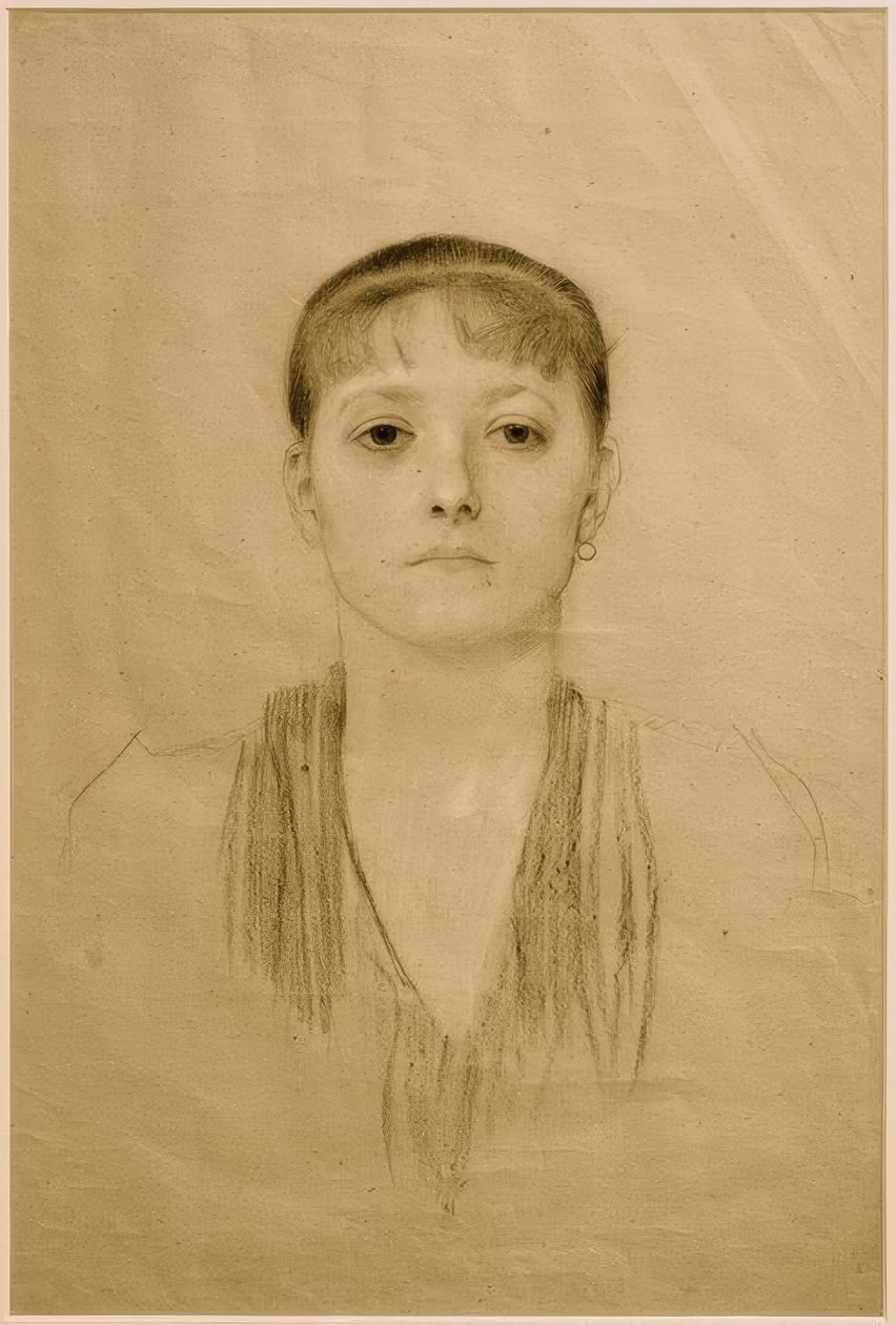 Porträtt av en flicka i halvlängd från framsidan av Gustav Klimt