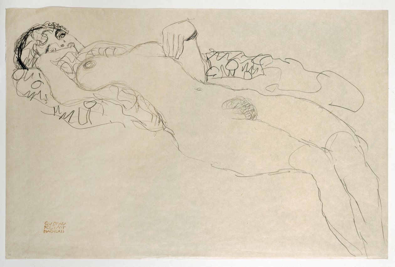 Kvinnlig naken vänd åt vänster av Gustav Klimt