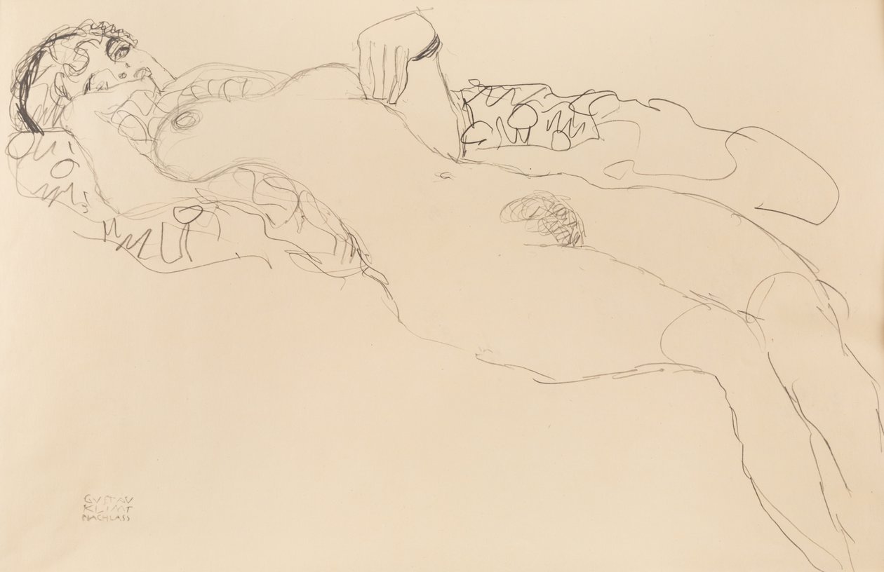 Liggande kvinnlig naken, åt vänster, 1917. av Gustav Klimt