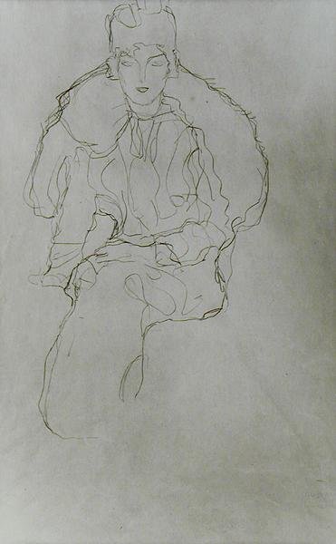 Sittande kvinna med pälslinda och huvudbonad av Gustav Klimt