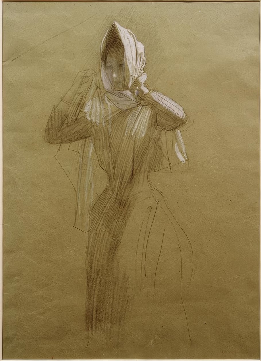 Stående ung kvinna som slår in en huvudduk av Gustav Klimt