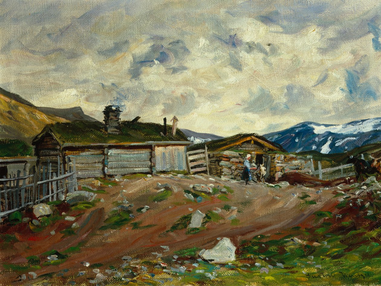 Berggård med kvinna och ko av Gustav Wentzel