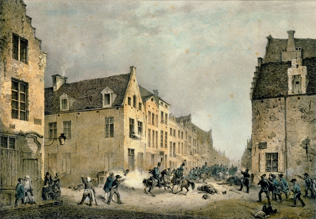 Avledning av en holländsk division vid Porte de Flandre, Bryssel, 23 september 1830, graverad av Jean Baptiste Madou (1796-1877) av Gustave Adolphe Simoneau