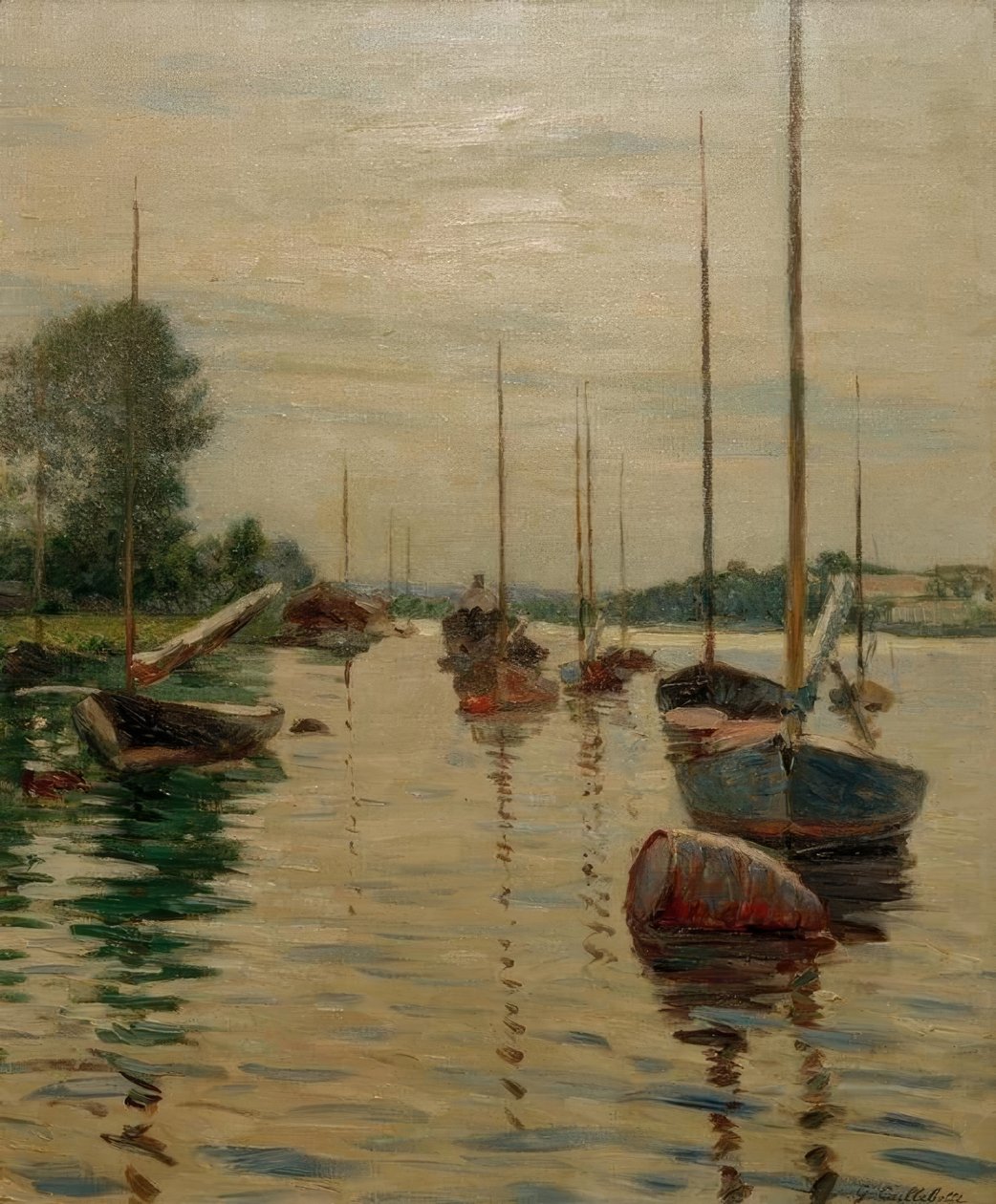 Båtar ankrade på Seine av Gustave Caillebotte