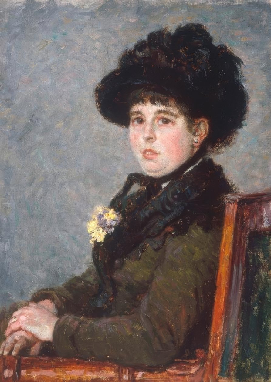 Porträtt av en kvinna med fjäderhatt av Gustave Caillebotte