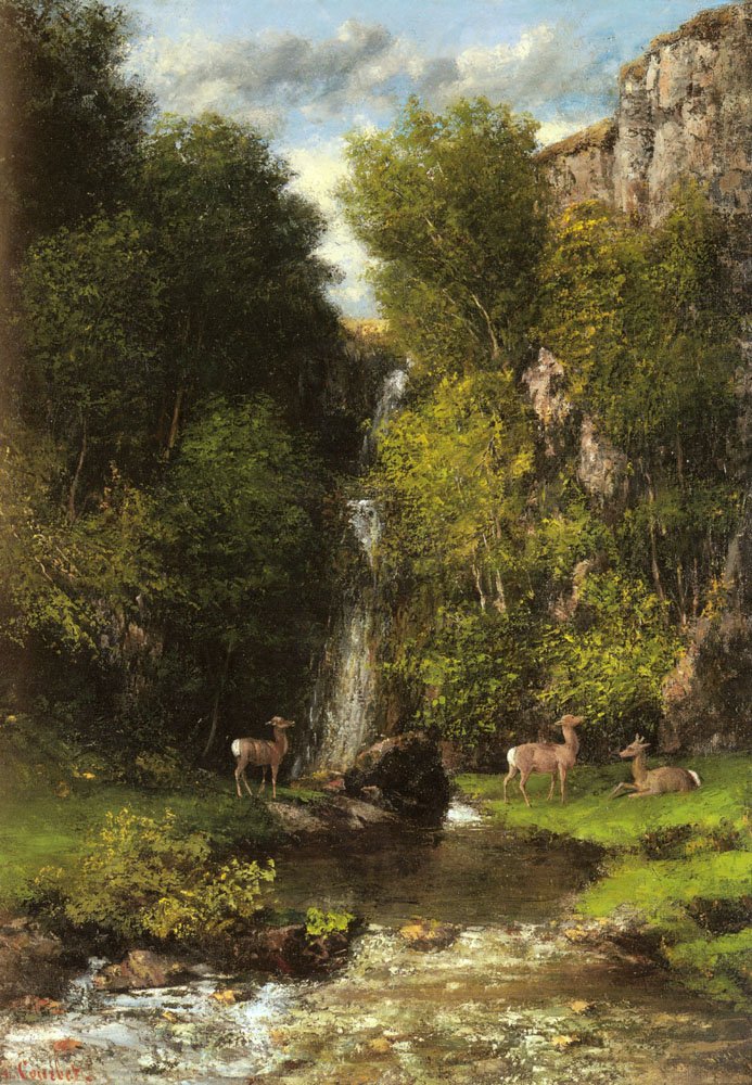 A Family of Deer in a Landscape with a Waterfall av Gustave Courbet