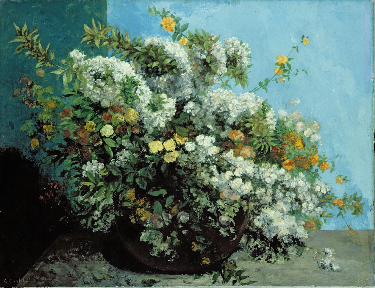 Blommande grenar och blommor, 1855 av Gustave Courbet