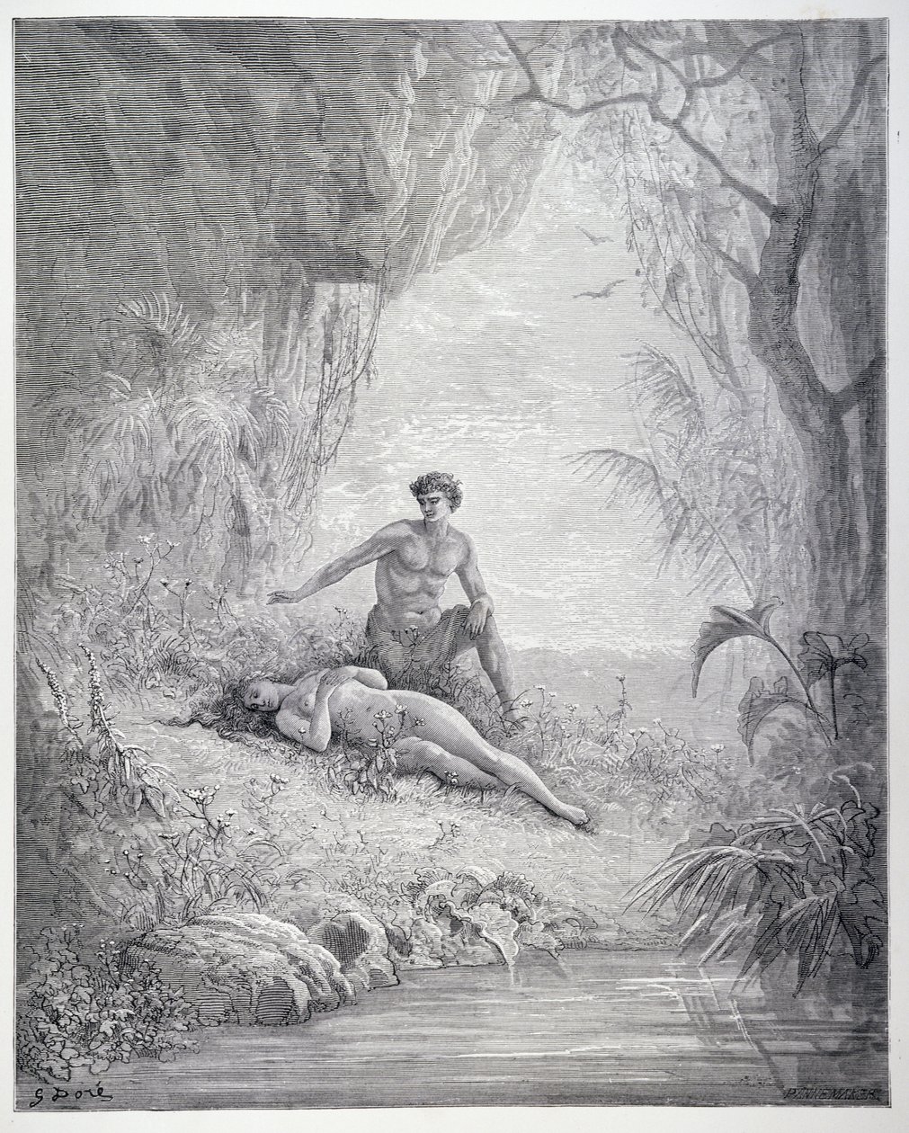 Adam och Eva, från bok V av "Paradise Lost" av John Milton (1608-74) graverad av Stephane Pannemaker (1847-1930) c.1868 av Gustave Dore