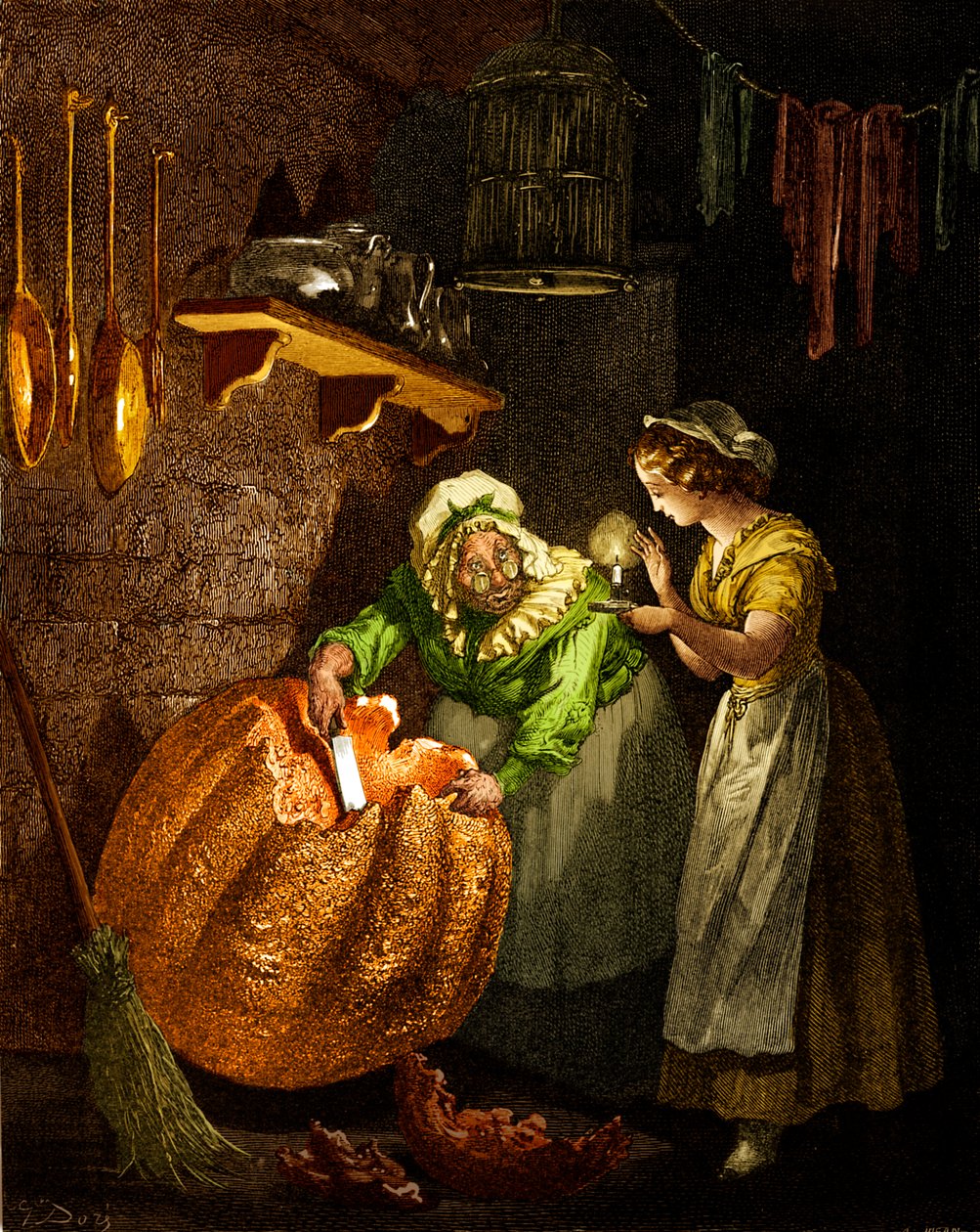 Askungen: En gudmor som snidar ut pumpan. av Gustave Dore