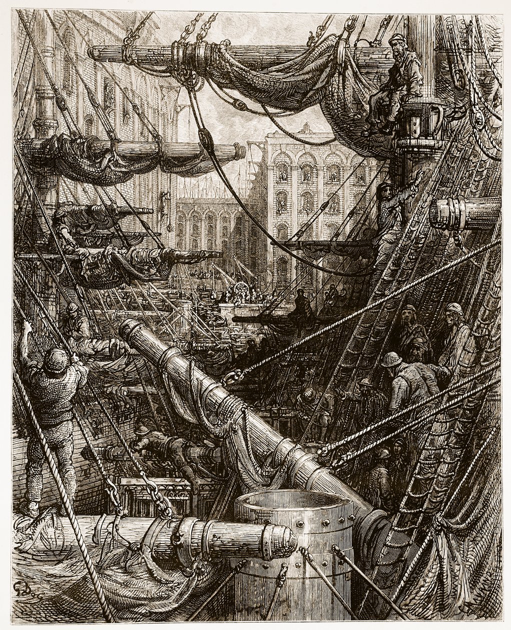 Inside the Docks, från "London, a Pilgrimage", skriven av William Blanchard Jerrold (1826-84) och graverad av Charles Maurand (f.1822) pub. 1872 av Gustave Dore