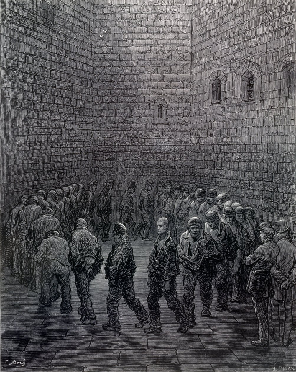 Newgate - Exercise Yard, från "London, a Pilgrimage", skriven av William Blanchard Jerrold (1826-84), graverad av Heliodore Joseph Pisan (1822-90), pub. 1872 av Gustave Dore