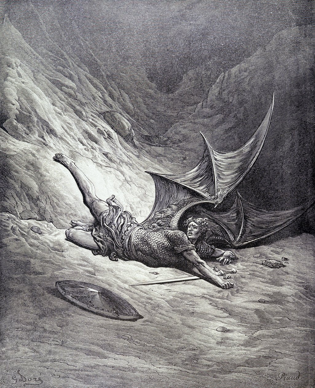 Satan som slås av Mikael, från bok VI i "Paradise Lost" av John Milton (1608-74), graverad av Antoine Alphee Piaud, ca 1868. av Gustave Dore