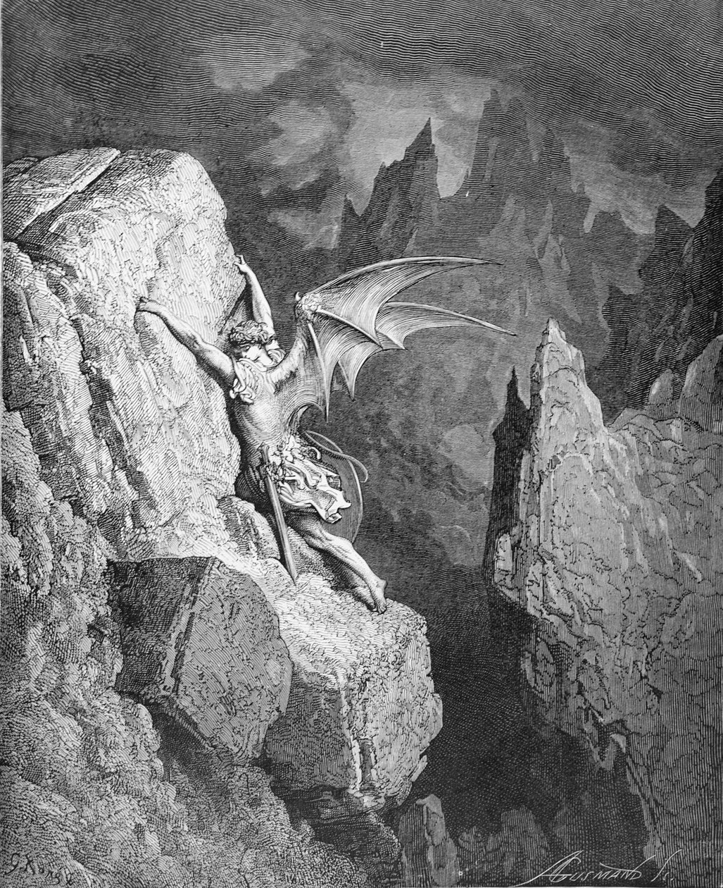 Satans flykt genom kaos, från "Paradise Lost" av John Milton (1608-74) graverad av Adolphe Gusmand (1821-1905) c.1868 av Gustave Dore
