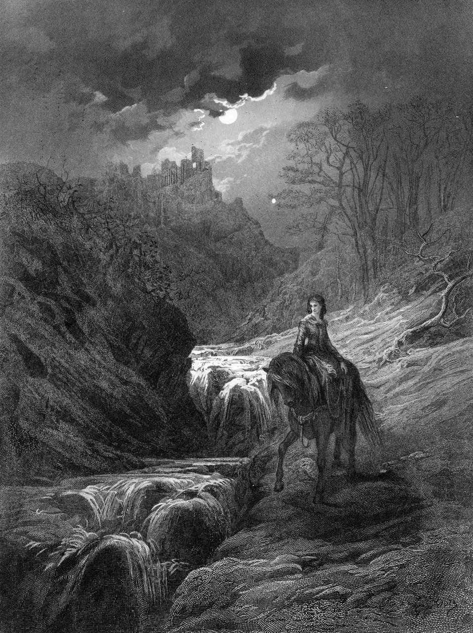 Månskensritten, illustration från Alfred Tennysons "Idylls of the King", 1868. av Gustave Dore
