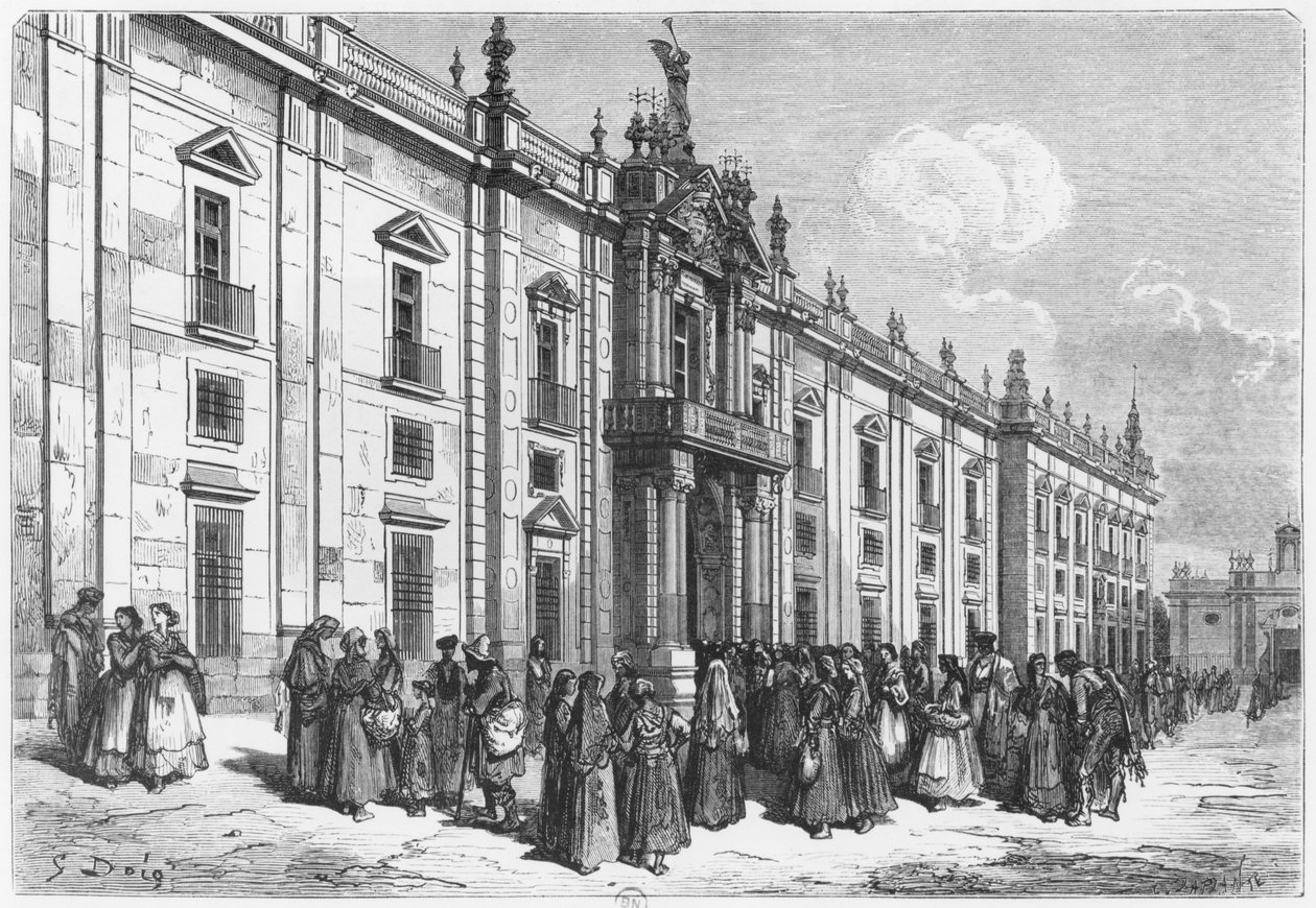 Tobaksfabriken i Sevilla, graverad av Charles Laplante (d.1903) av Gustave Dore