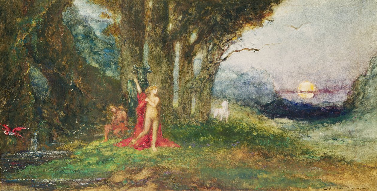 Pasiphae and the Bull, ca 1876-80 (wc und gouache på papper) av Gustave Moreau
