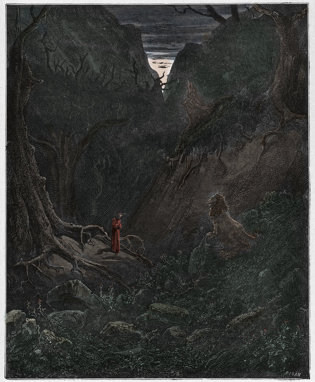 Inferno, Canto 1 : Lejonet möter plötsligt Dante, illustration från Den gudomliga komedin av Dante Alighieri, 1885 (digitalt färgat gravyr) av Gustave after Dore