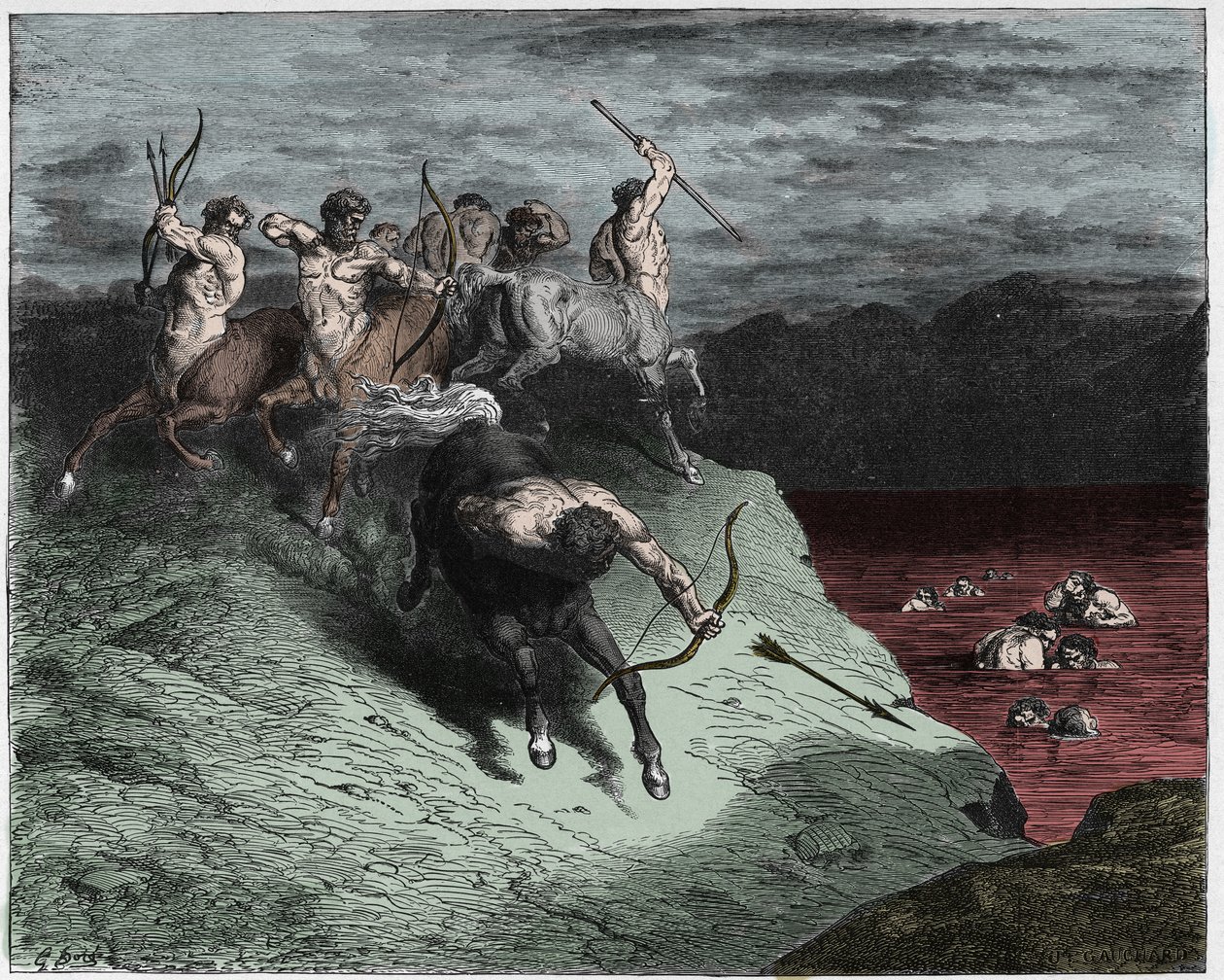 Inferno, Canto 12: Kentaurerna attackerar själarna i kokande blod, illustration från The Divine Comedy av Dante Alighieri, 1885 (digitalt färgad gravyr) av Gustave after Dore