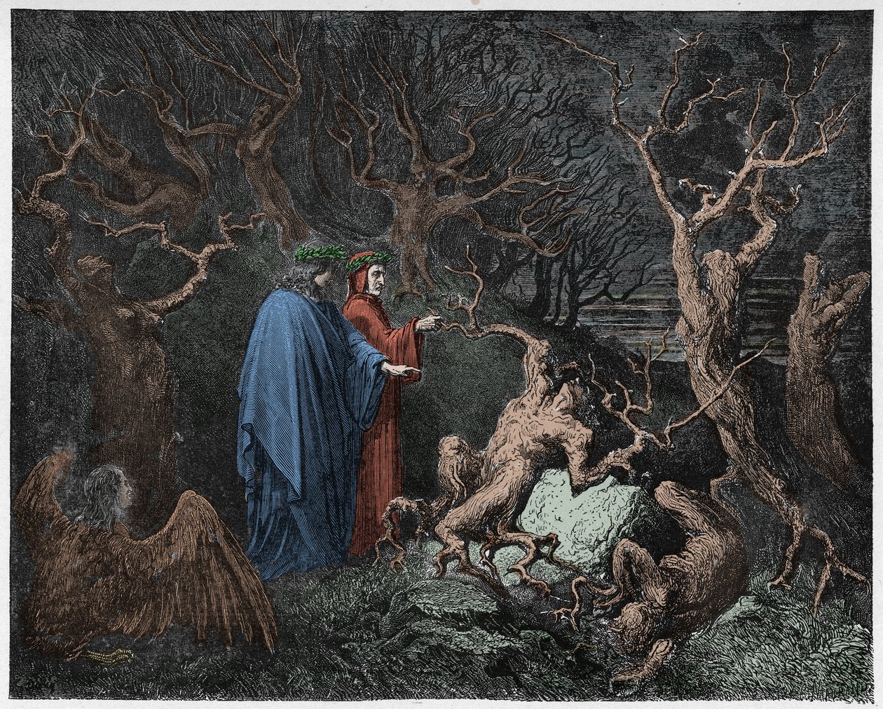 Inferno, Canto 13: Självmorden i skogen, illustration från The Divine Comedy av Dante Alighieri, 1885 (digitalt färgad gravyr) av Gustave after Dore