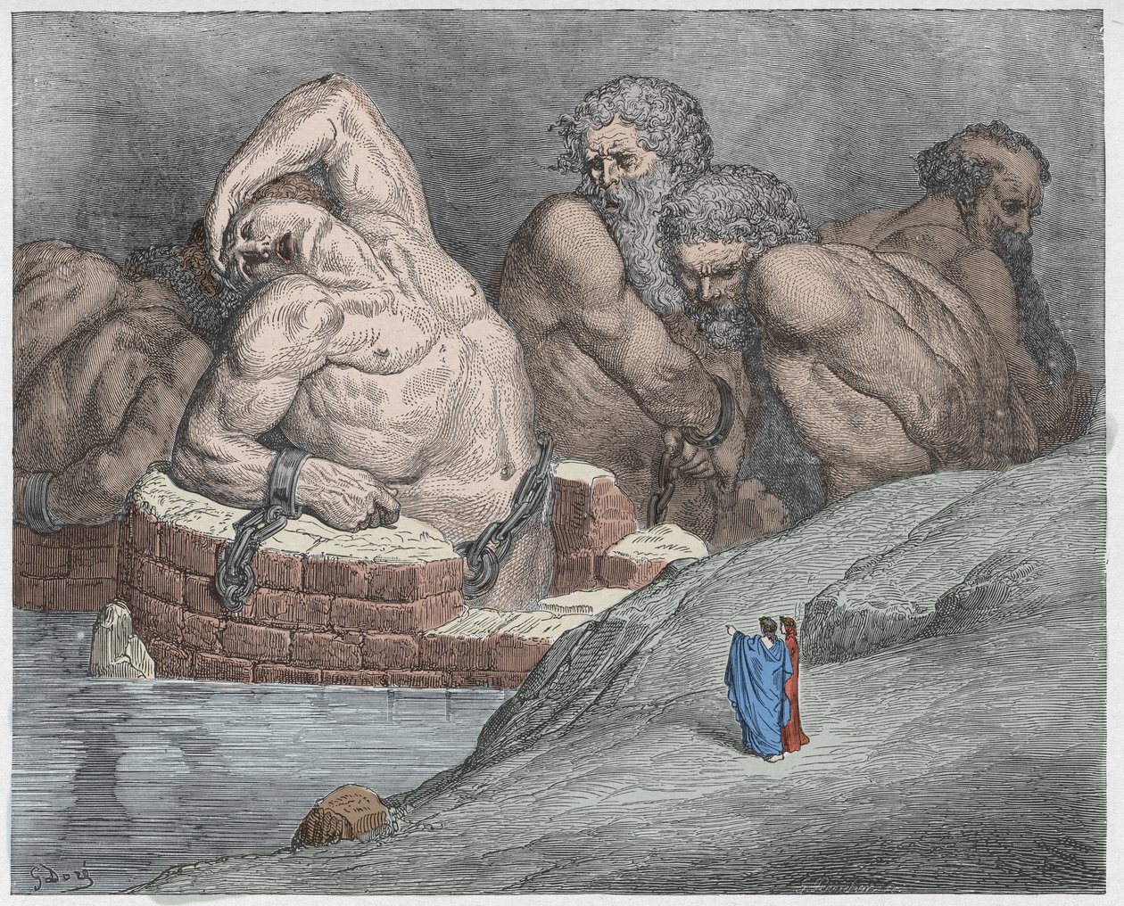 Inferno, Canto 31 : Ephialtes (Ephialte) i manakler bland jättarna, illustration från The Divine Comedy av Dante Alighieri, 1885 (digitalt färgad gravyr) av Gustave after Dore