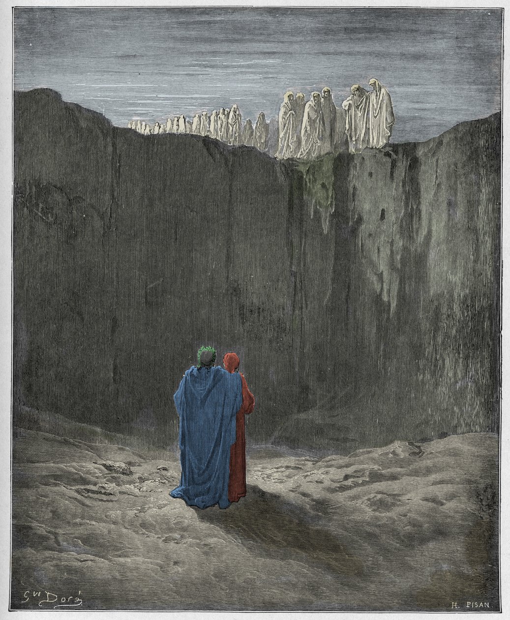 Purgatorio, Canto 3: The company of souls on the cliff, illustration från The Divine Comedy av Dante Alighieri, 1885 (digitalt färgad gravyr) av Gustave after Dore