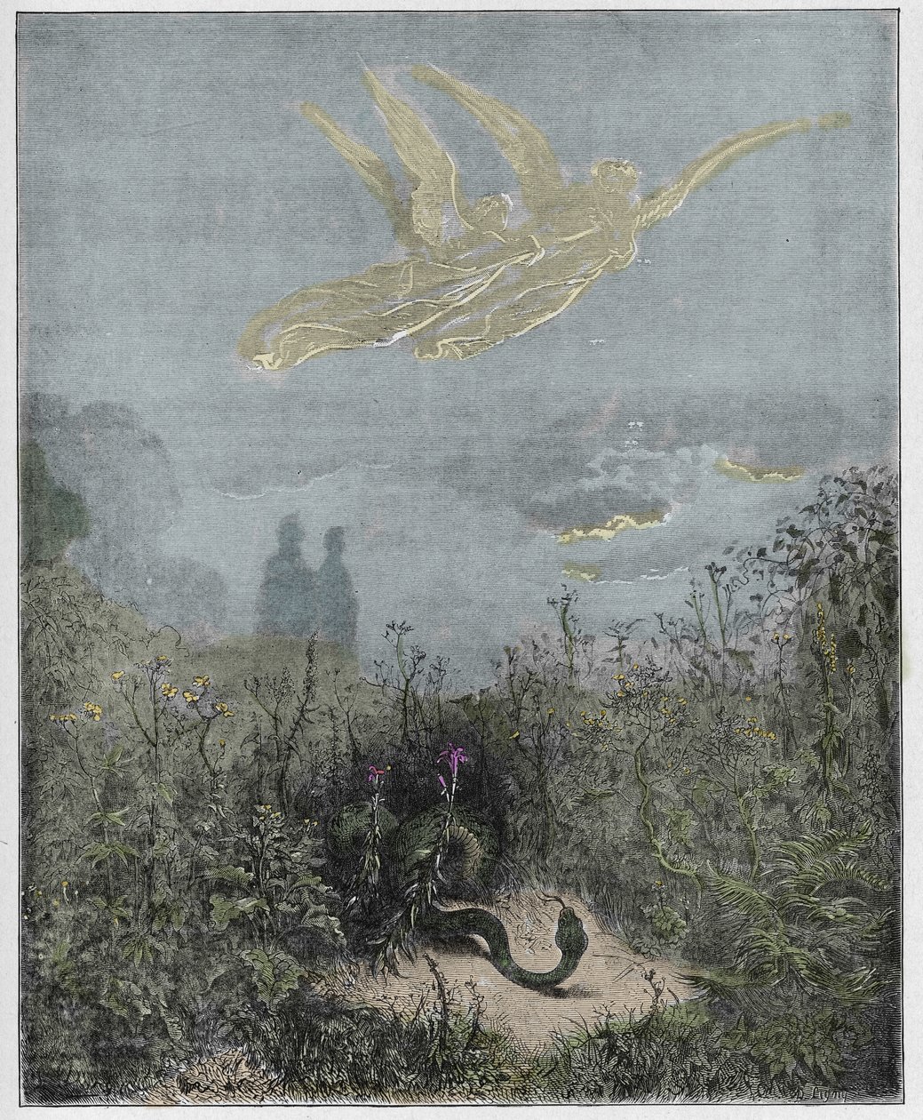 Purgatorio, Canto 8: Änglarna driver bort ormen, illustration från The Divine Comedy av Dante Alighieri, 1885 (digitalt färgad gravyr) av Gustave after Dore