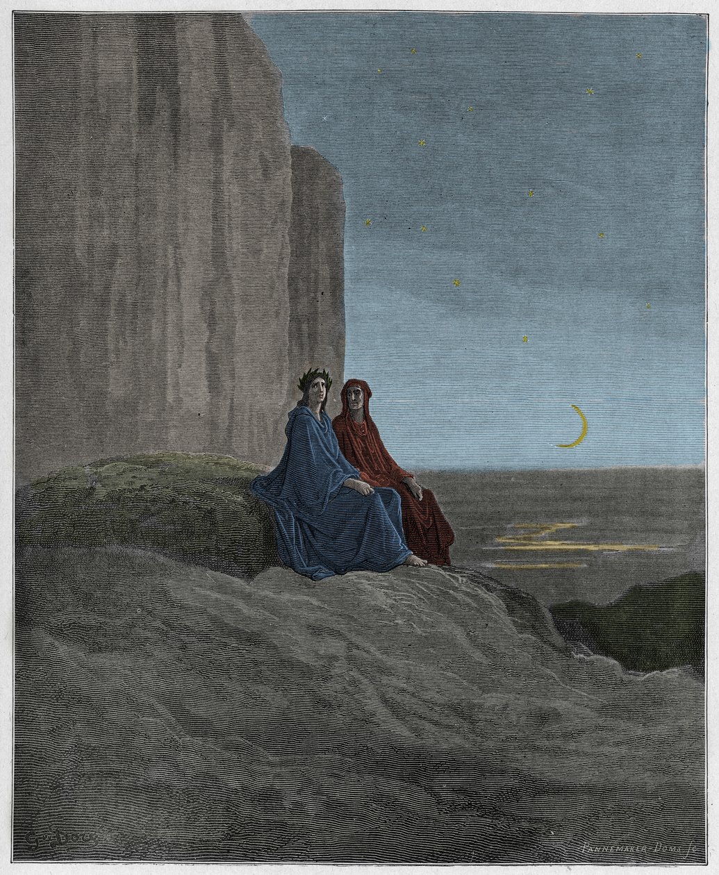 Purgatorio, Canto 9: Twilight, illustration från The Divine Comedy av Dante Alighieri, 1885 (digitalt färgad gravyr) av Gustave after Dore