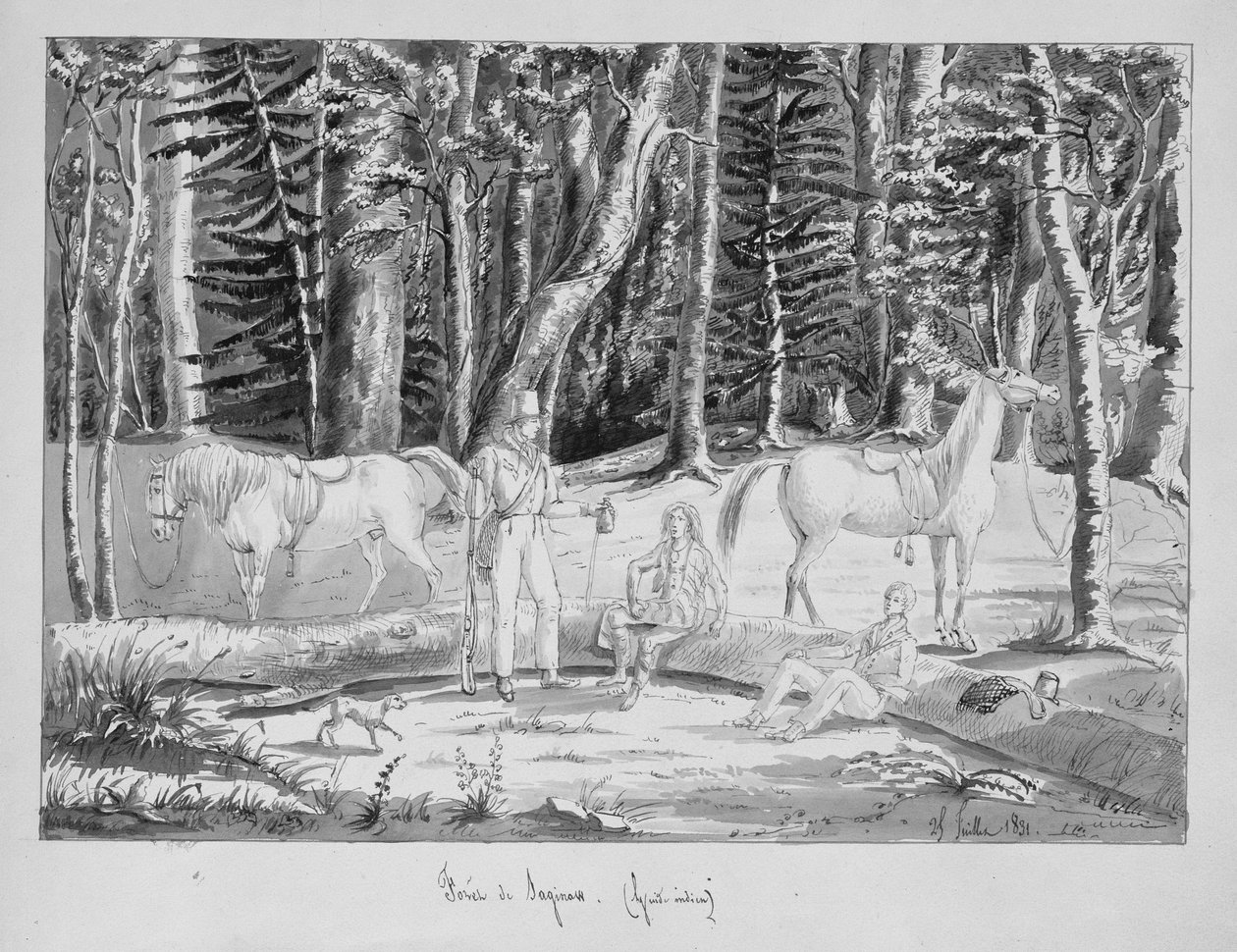 Resenärer med en indisk guide i Forest of Saginaw, 1831 (penna och bläck och wc på papper) av Gustave de Beaumont