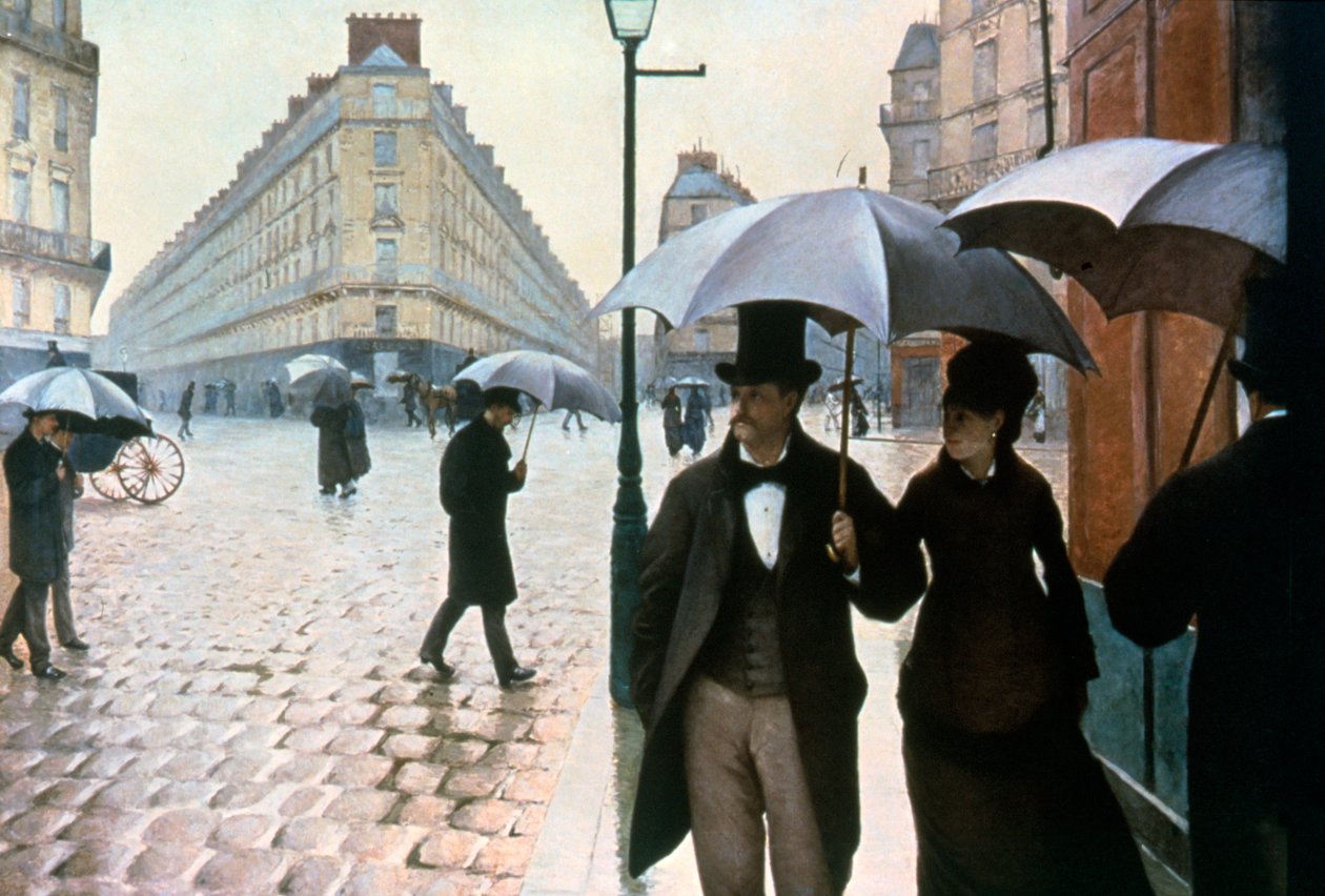 "Parisgatan i regnigt väder", 1877. av Gustave Caillebotte