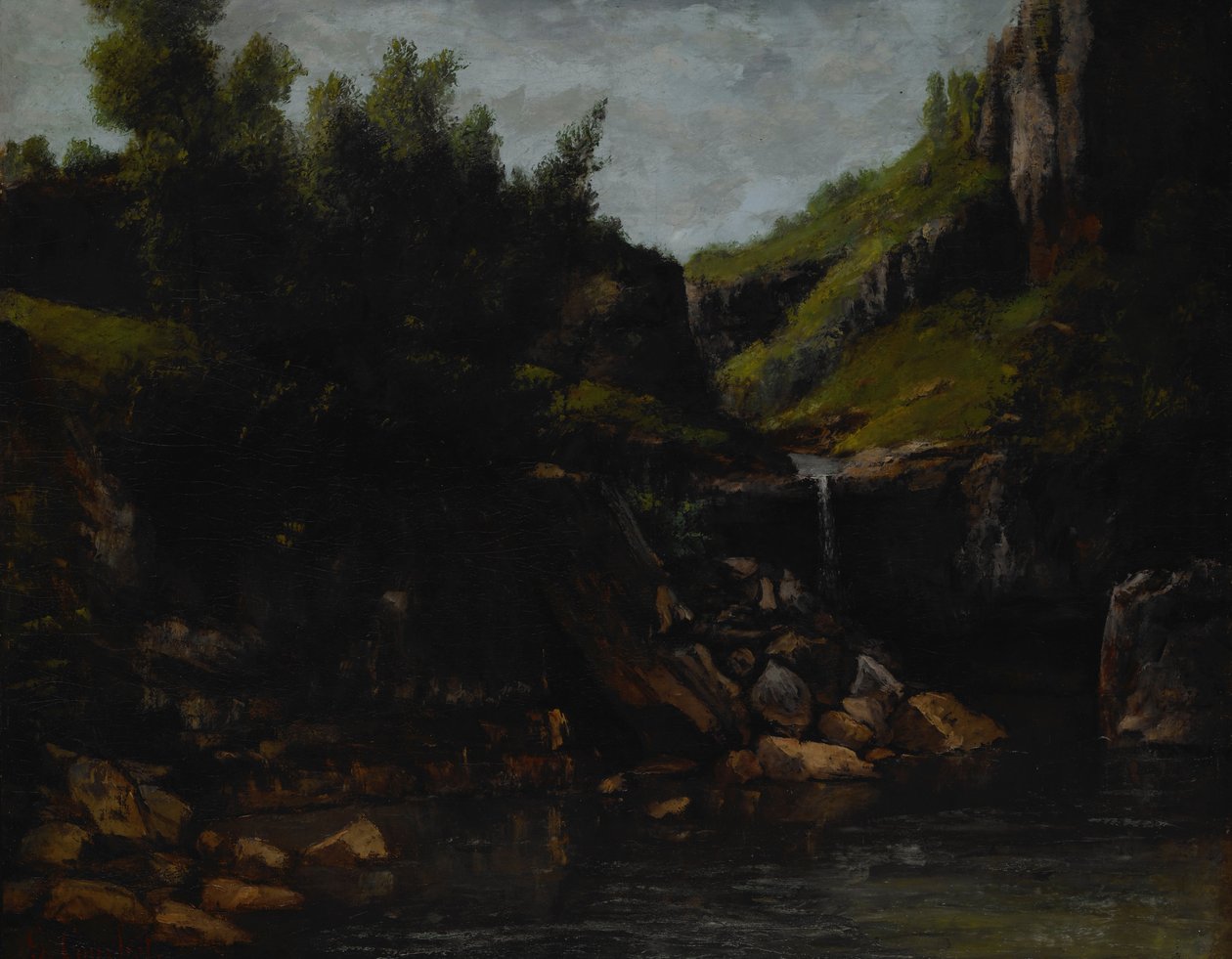 Kaskad i ett klippigt landskap av Gustave Courbet