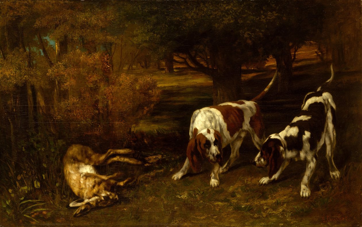 Jakthundar med död hare, 1857. av Gustave Courbet