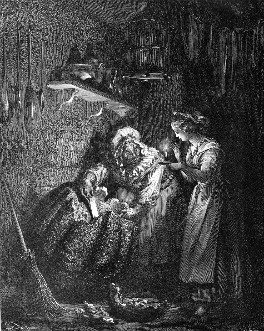 Askungen: En gudmor som snidar ut pumpan. av Gustave Dore