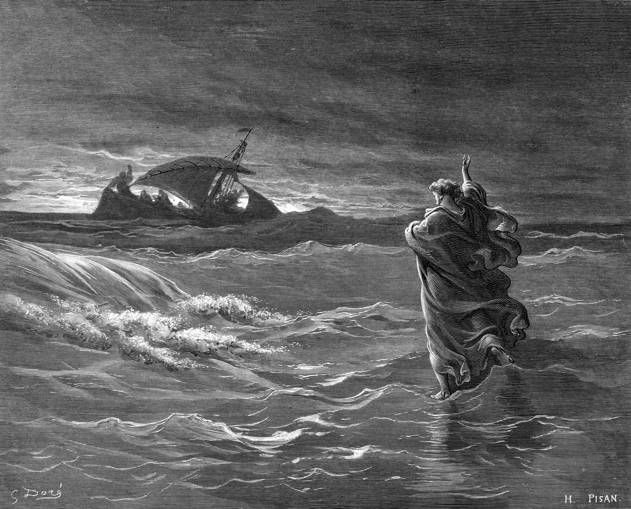 Gravyr av Jesus som går på vattnet av Gustave Dore