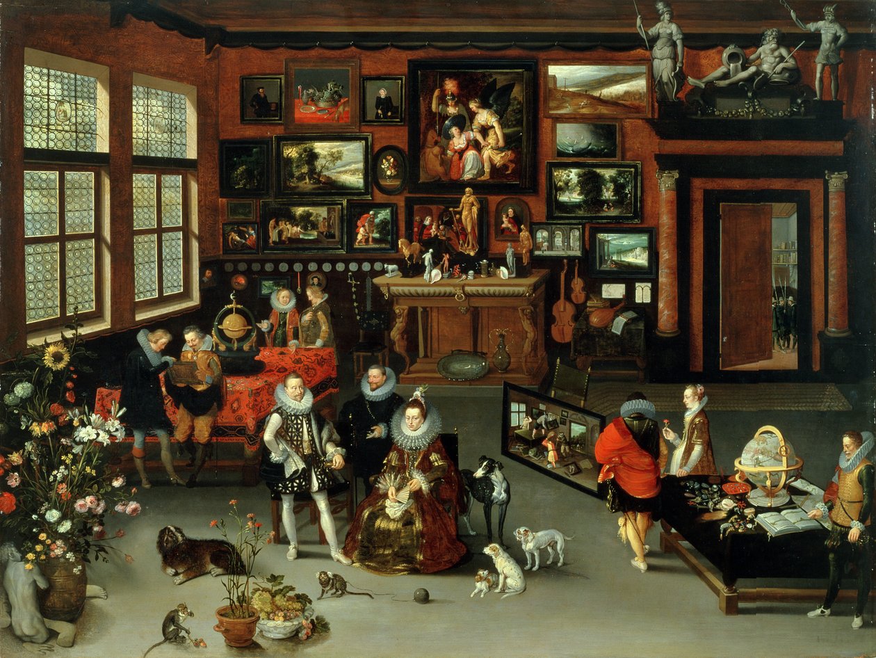 Ärkehertig Albert (1559-c.1621) och ärkehertiginna Isabella (1566-1633) på besök i ett samlarkabinett, ca 1621-23 av H. II and Brueghel, Jan I Francken