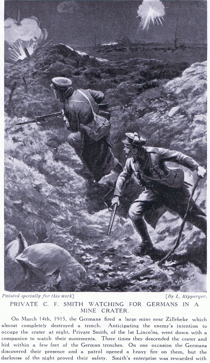 Menige C F Smith spanar efter tyskar i en minkrater vid Zillebeke i mars 1915. av H. Ripperger