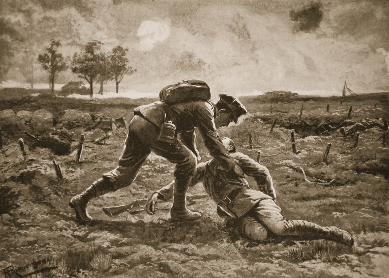 Sergeant Fuller springer fram, under en fruktansvärd eld, för att rädda sin sårade officer, kapten Haggard av H. Ripperger