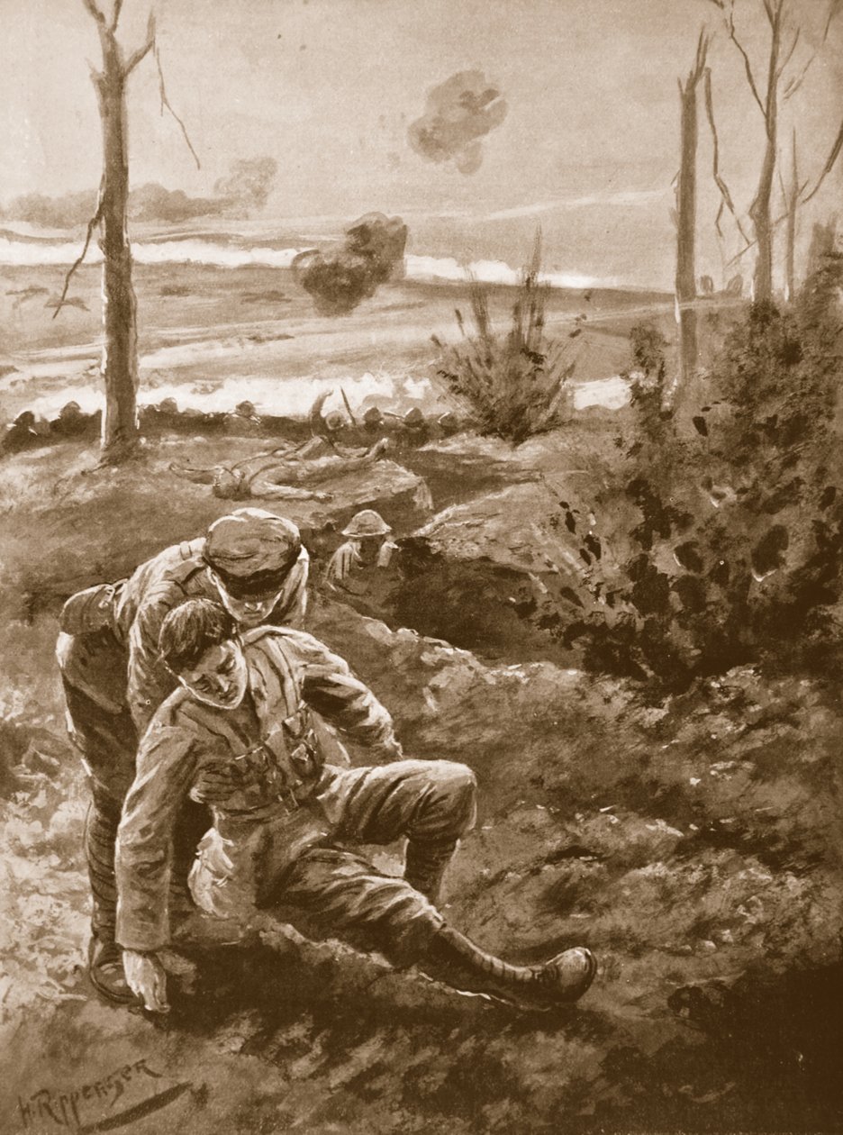 Rev. W.R.F. Addison bär en skadad man till skyddet av en skyttegrav under kraftig eld med gevär och maskingevär av H. Ripperger