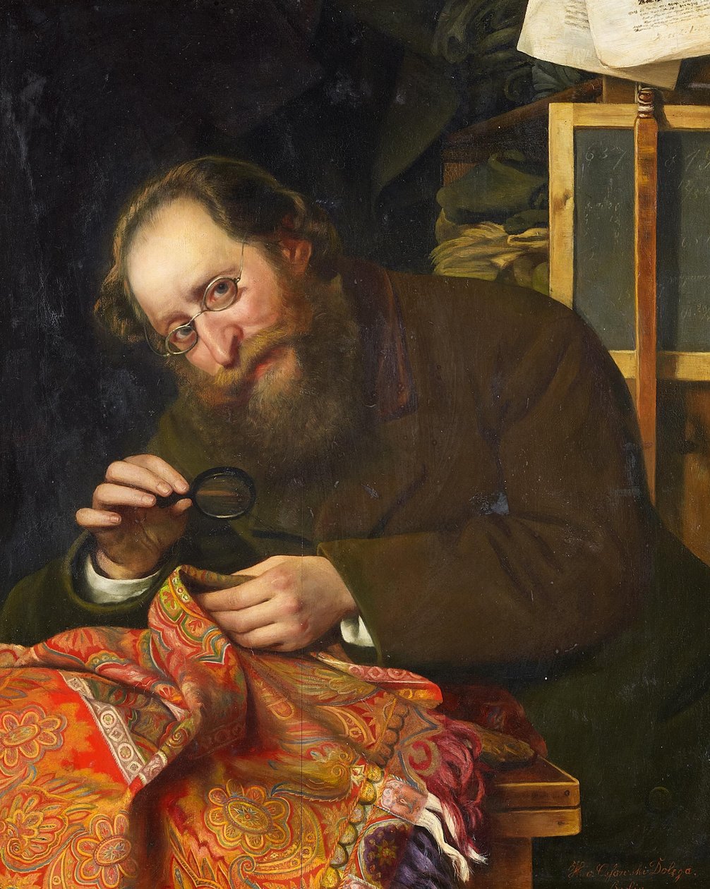 Porträt eines bärtigen Herren, mit Lupe eine Tapisserie studierend av H. von Ossowski Dolega