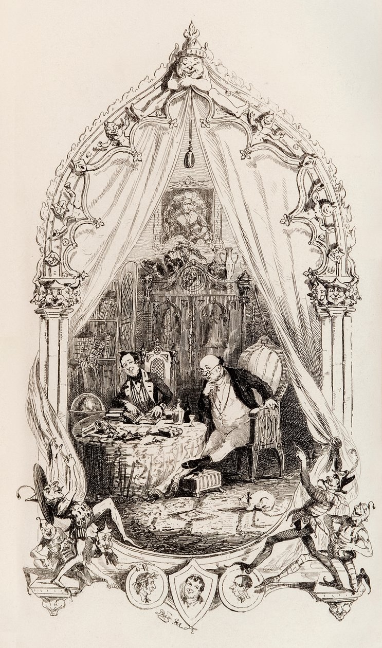 Frontispice från The Posthumous Papers of the Pickwick Club publicerad i bokform 1837 av Hablot Knight Browne