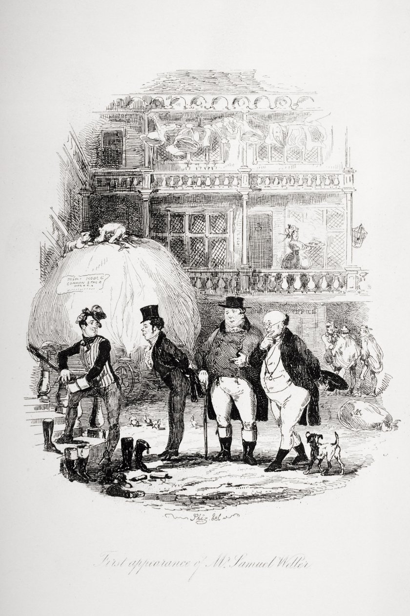 Första framträdandet av Mr. Samuel Weller, illustration från `The Pickwick Papers