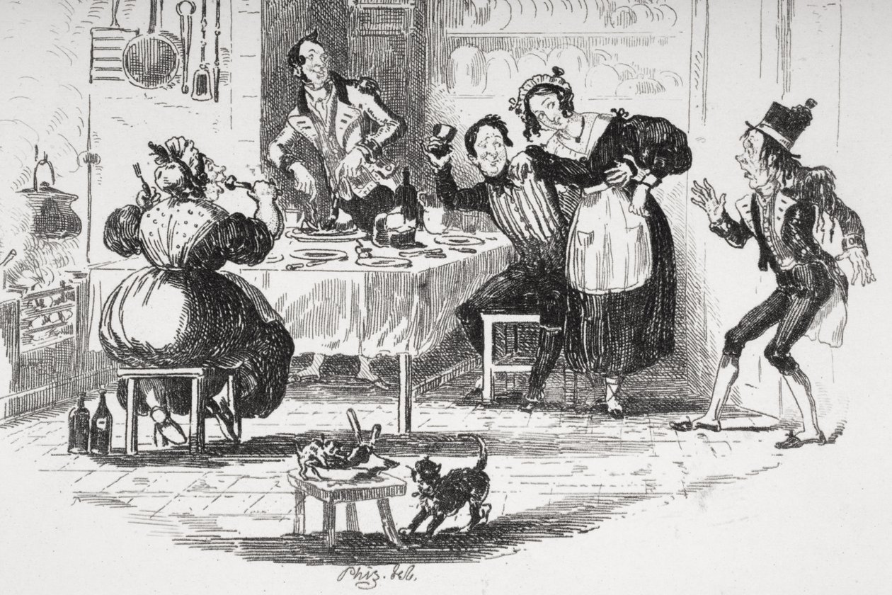 Job Trotter möter Sam i Mr. Muzzles kök, illustration från `The Pickwick Papers