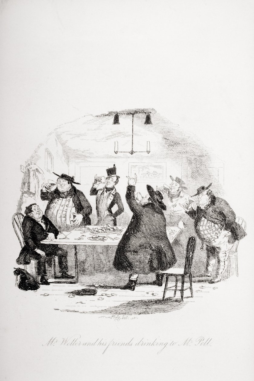 Mr Weller och hans vänner dricker till Mr Pell, illustration från "Pickwick Papers" av Charles Dickens (1812-70), publicerad 1837. av Hablot Knight Browne