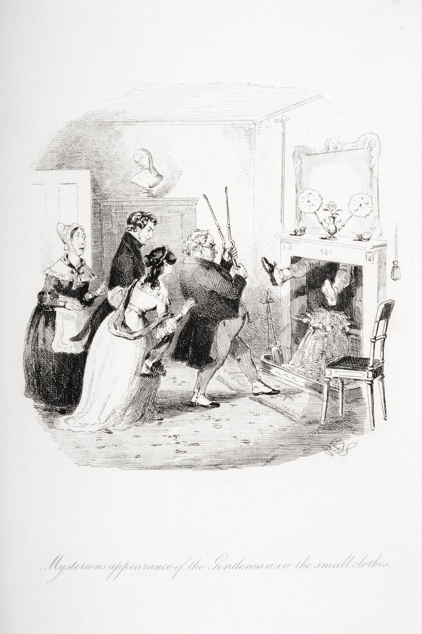 Herrens mystiska utseende i småkläder, illustration från "Nicholas Nickleby" av Charles Dickens (1812-70), publicerad 1839. av Hablot Knight Browne