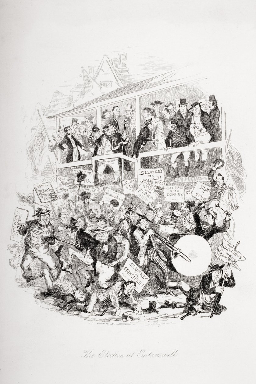 Valet i Eatanswill, illustration från "Pickwick Papers" av Charles Dickens (1812-70), publicerad 1837. av Hablot Knight Browne