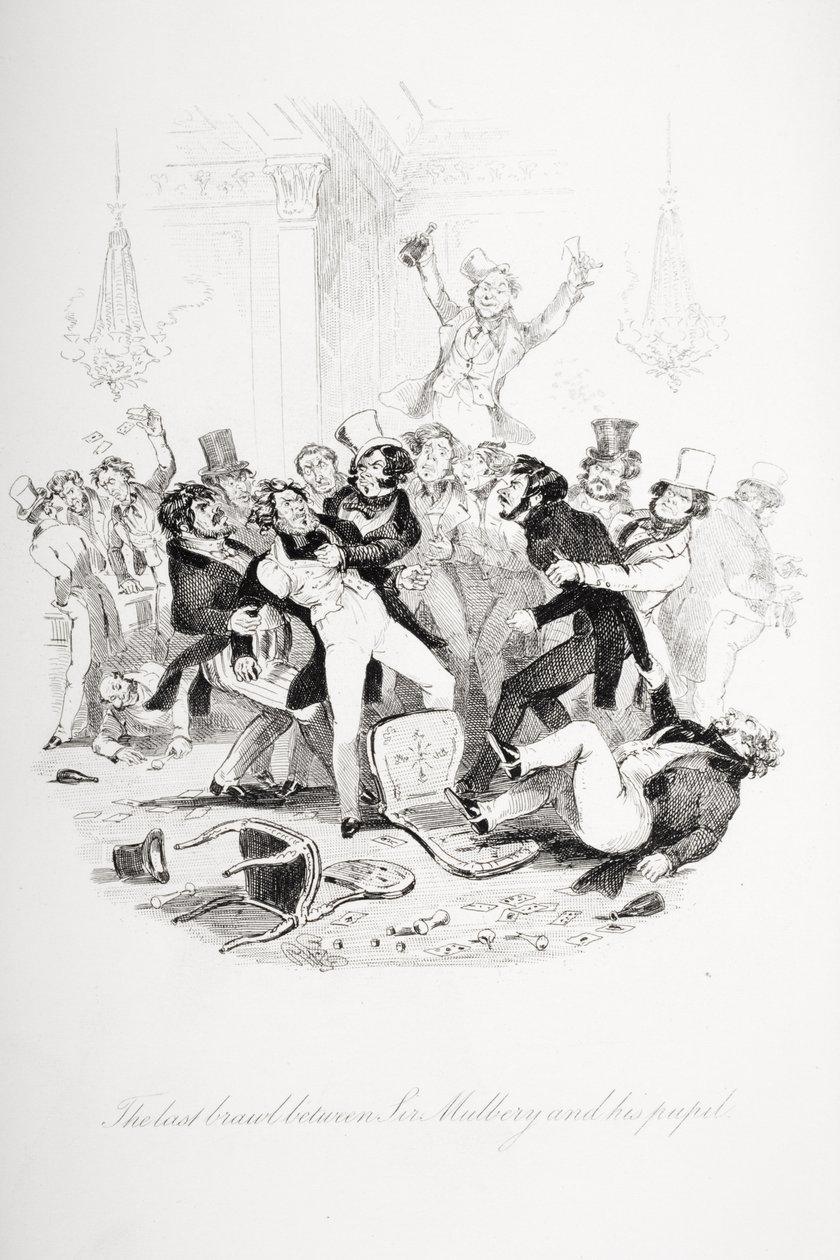 Det sista bråket mellan Sir Mulberry och hans elev, illustration från `Nicholas Nickleby