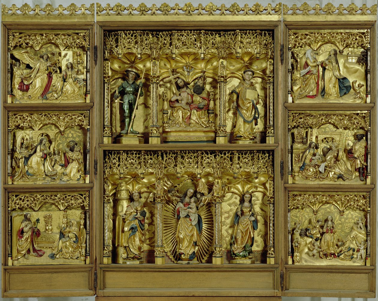 The Treenity Altar of the Bottcheramtes, 1512-20 (huggen och förgylld ek) av Hamburg Workshop