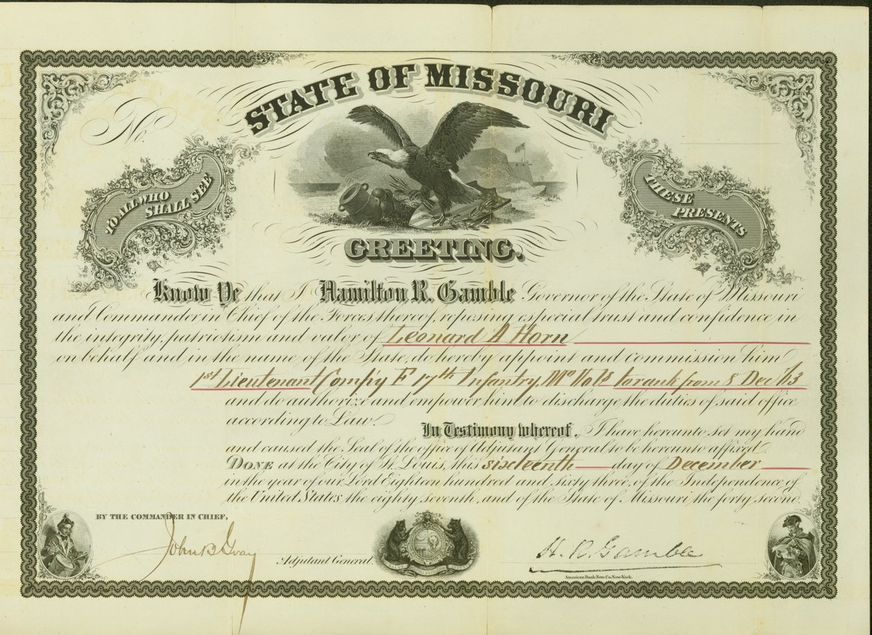Appoints Horn 1st Lieutenant, Company F, 17th Missouri Infantry, to rank from December 8, 1863 av Hamilton Rowan Gamble