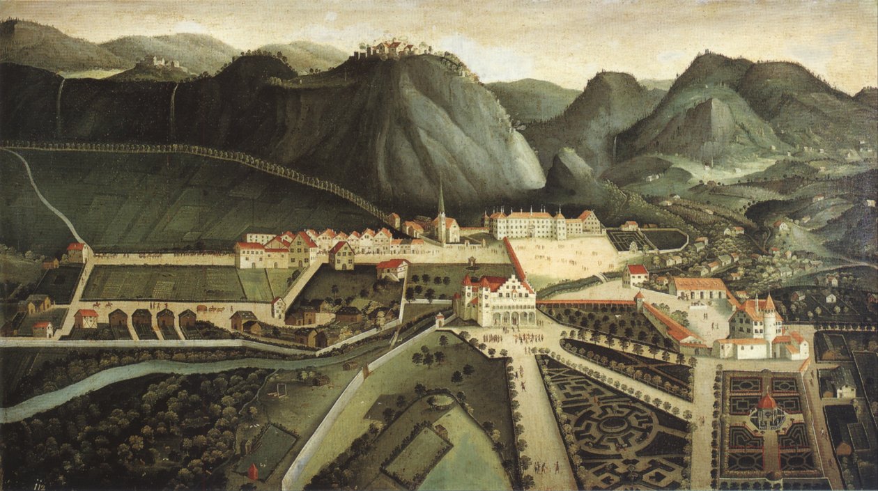 Utsikt över Hohenems med slott, fritidshus och trädgård av Hans Jakob Noppis