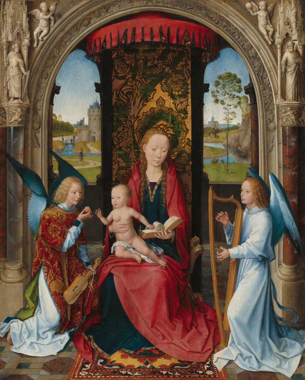 Marededéu entronitzada amb Nen i dos àngels av Hans Memling